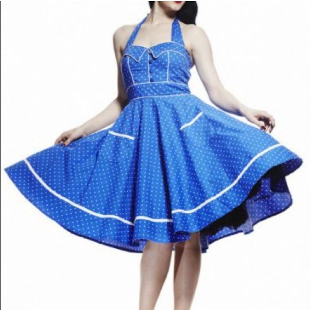 Hell Bunny Blue Polka Dot Halter Midi Dress
